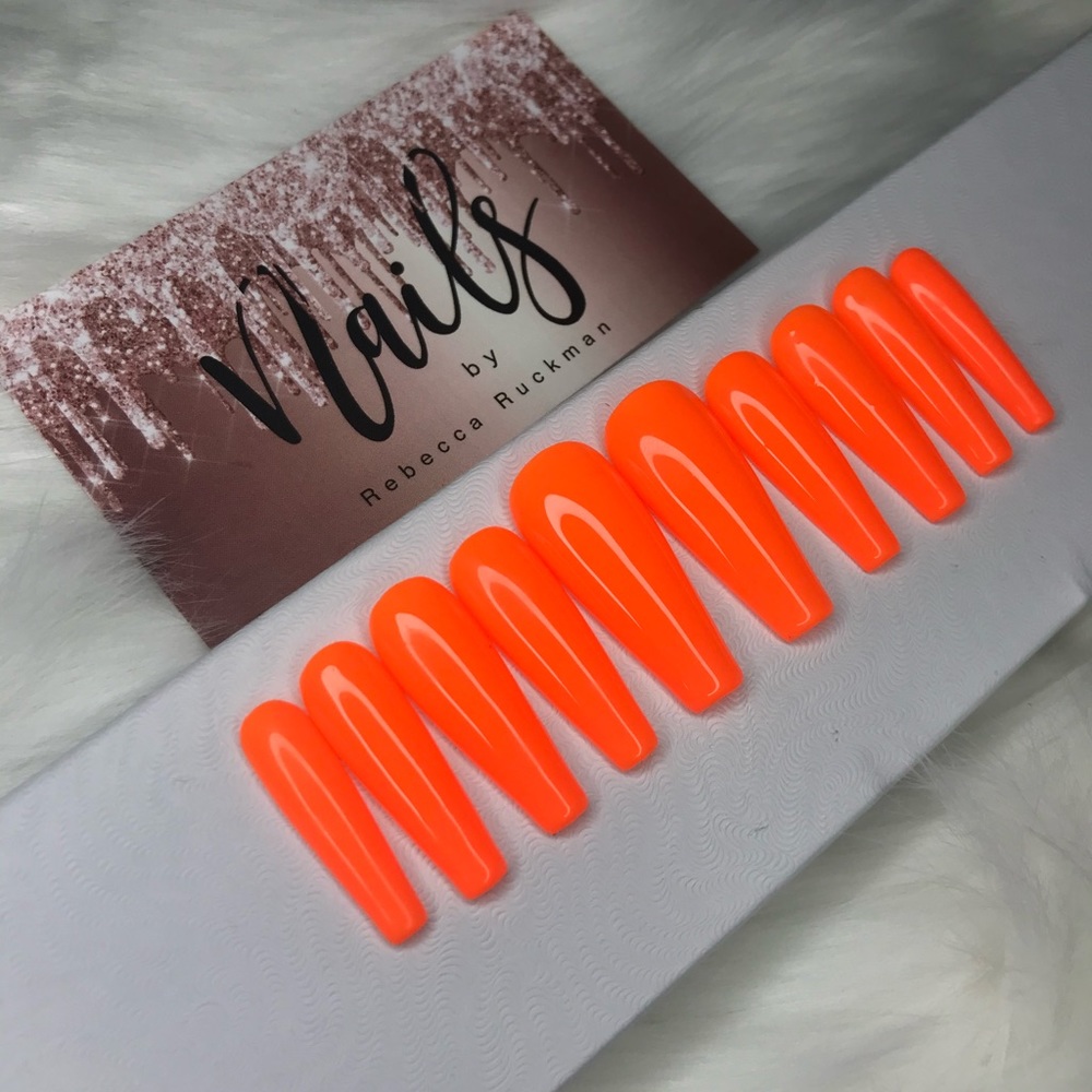 "Citrus Orange" Gel Press On Nails, Neon Bright Orange Nails